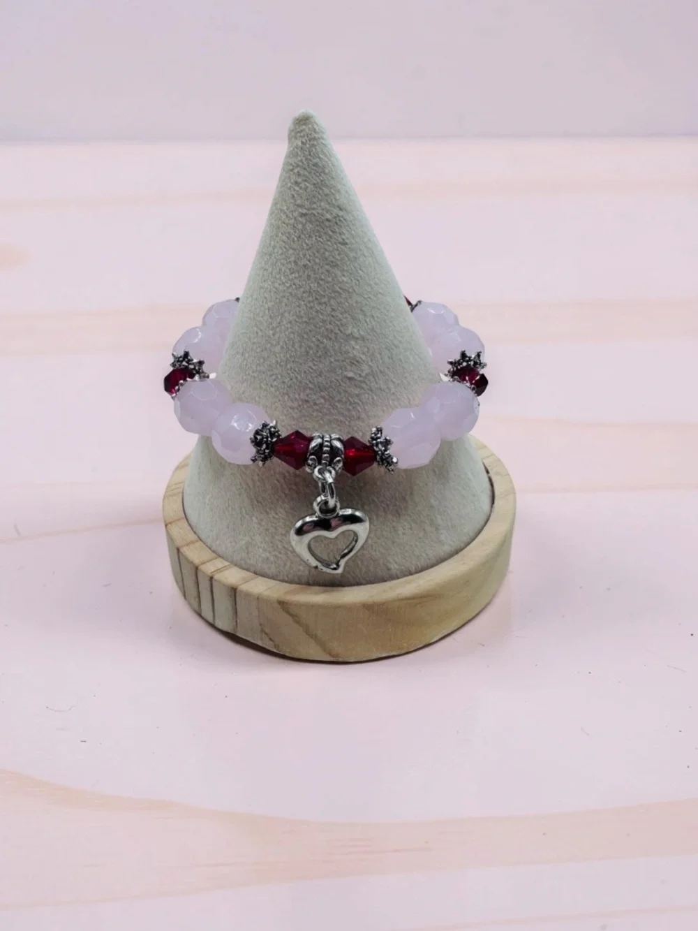 Pink Beaded Stretch Bracelet w/ Red faux Crystal Accents & Silver Heart Charm